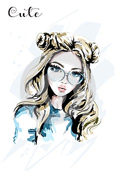 Hand drawn beautiful young woman in sunglasses. Cute girl with stylish hairstyle. Fashion woman. photo