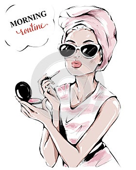 Hand drawn beautiful young woman in sunglasses. Fashion woman painting her lips. Fashion girl making makeup. Beautiful girl.