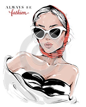 Hand drawn beautiful young woman in sunglasses. Fashion woman with red kerchief on her head.