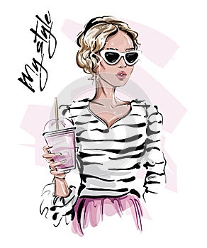 Hand drawn beautiful young woman in sunglasses. Stylish blonde hair girl with drink in her hand. Fashion woman look. Sketch.