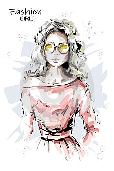 Hand drawn beautiful young woman in sunglasses. Stylish blonde hair girl. Fashion woman look. Sketch.