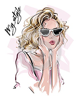 Hand drawn beautiful young woman in sunglasses. Stylish blonde hair girl. Fashion woman look. Sketch.