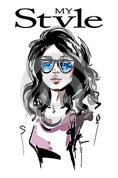 Hand drawn beautiful young woman in sunglasses. Stylish elegant girl with curly hair. Fashion woman portrait.