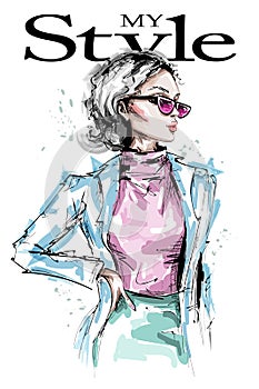 Hand drawn beautiful young woman in sunglasses. Stylish elegant girl fashion look. Fashion woman portrait.