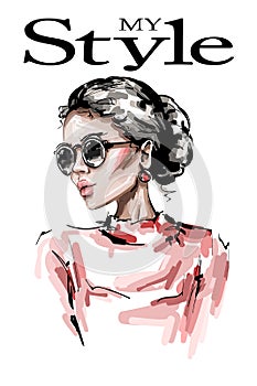Hand drawn beautiful young woman in sunglasses. Stylish elegant girl. Fashion woman look.