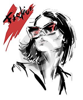 Hand drawn beautiful young woman in sunglasses. Stylish elegant girl. Fashion woman look. Sketch.