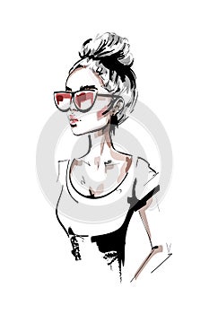 Hand drawn beautiful young woman in sunglasses. Stylish elegant girl. Fashion woman portrait.