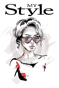 Hand drawn beautiful young woman in sunglasses. Stylish elegant girl. Fashion woman portrait.