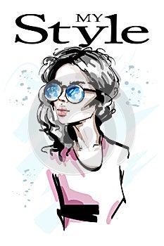 Hand drawn beautiful young woman in sunglasses. Stylish elegant girl. Fashion woman portrait.