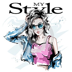 Hand drawn beautiful young woman in sunglasses. Stylish elegant girl in jeans jacket. Fashion woman portrait.