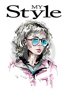 Hand drawn beautiful young woman in sunglasses. Stylish elegant girl look. Fashion woman portrait.