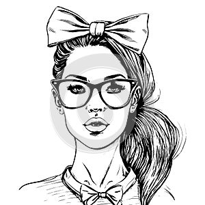 Hand drawn beautiful young woman in sunglasses. Stylish girl with bow on her head. Sketch. Vector illustration