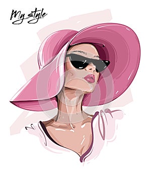 Hand drawn beautiful young woman in sunglasses. Stylish girl in hat. Fashion woman look. Sketch. photo