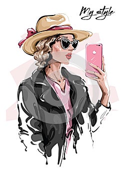 Hand drawn beautiful young woman in sunglasses. Stylish girl in hat. Fashion woman making selfie. Sketch.