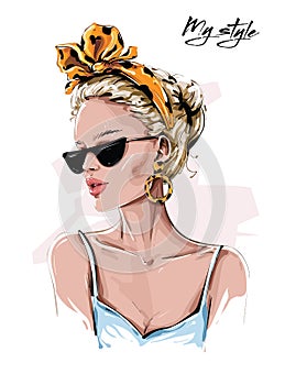 Hand drawn beautiful young woman in sunglasses. Stylish girl in headband with leopard print. Fashion woman look. Sketch.