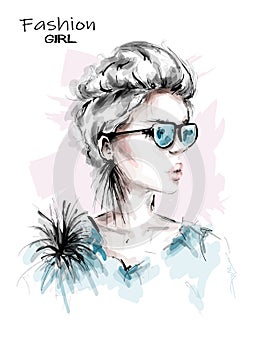 Hand drawn beautiful young woman in sunglasses. Stylish girl with short blonde hair. Fashion woman look. Sketch.