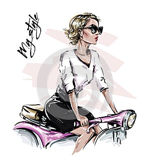 Hand drawn beautiful young woman in sunglasses. Stylish girl sitting on bike. Fashion woman look. Sketch.