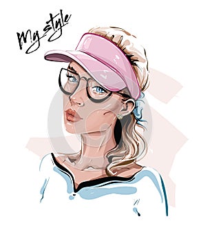Hand drawn beautiful young woman in tennis cap. Stylish blonde hair girl in eyeglasses. Fashion woman look. Sketch.