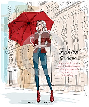 Hand drawn beautiful young woman with umbrella. Fashion woman with architectural background. Stylish girl in fashion clothes.