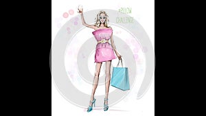 Hand drawn beautiful young woman wearing pillow like a dress. Stylish girl with glass of wine making pillow challenge.