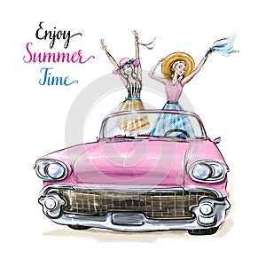 Hand drawn beautiful young women in pink car. Summer set with girls and car. Fashion women in summer clothes. Stylish girls.