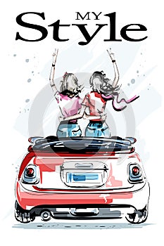 Hand drawn beautiful young women in red car. Stylish elegant girls. Two girls embracing each other. Fashion women look.