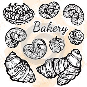 Hand-drawn beautifully buns collection. Vector bakery icons, vintage food elements in linear style isolated on watercolor.