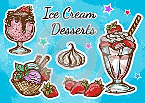 Hand-drawn beautifully Ice Cream dessert icon set. Retro style artwork, vintage food elements isolated. Perfect menu template.