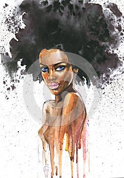 Hand drawn beauty african woman with splashes. Watercolor abstract portrait of girl