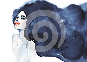 Hand drawn beauty brunette woman. Watercolor abstract portrait of girl