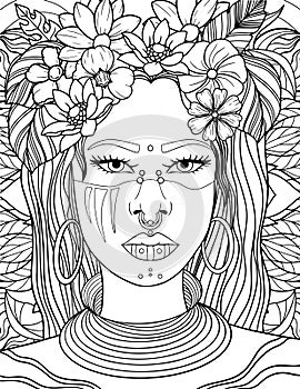 Hand drawn beauty girl coloring page, African woman coloring page