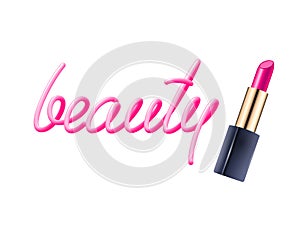 Hand drawn beauty word with lipstick