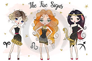 Hand drawn beaytiful cute little aries, leo, sagittarius fire zodiac girl.