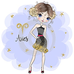 Hand drawn beaytiful cute little aries zodiac girl.