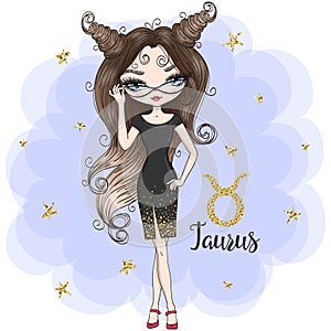 Hand drawn beaytiful cute little taurus zodiac girl.