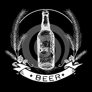 Hand drawn beer bottle label, malt and badge with text 'Beer'