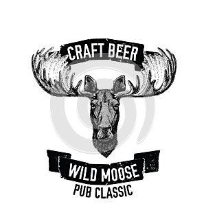 Hand drawn beer emblem with wild moose