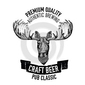 Hand drawn beer emblem with wild moose