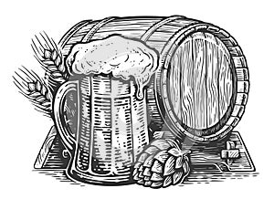 Hand drawn beer mug and wooden cask. Vintage sketch illustration engraving style