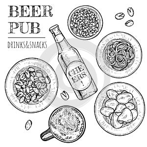 Hand drawn beer pub and favorite snacks set