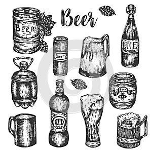 Hand drawn beer set Vintage vector color engraving illustration for web, poster, invitation, for beer menu. Vector