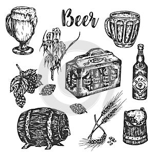 Hand drawn beer set Vintage vector color engraving illustration for web, poster, invitation, for beer menu. Vector