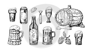 Hand drawn beer. Vintage wooden and glass pub mugs with bear and alcoholic beverages with bubble foam. Vector set photo
