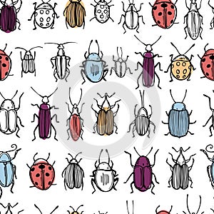 Hand drawn beetles. Vector seamless pattern