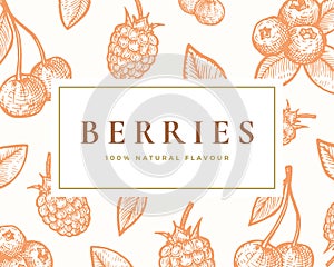 Hand Drawn Berries Illustration Card. Abstract Vector Cherries, Elderberry and Blackberry Sketch Background with Classy
