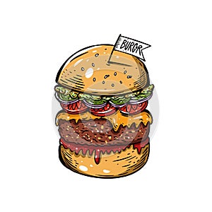 Hand drawn big burger. Colorful cartoon style vector illustration.