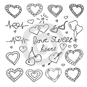 Hand drawn big set hearts for valentines day. doodle heart collection. Decor elements