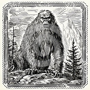 Hand-drawn Bigfoot In The Mountains: Ravi Zupa Inspired Monochrome Gravure Print