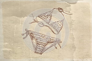 Hand drawn bikinis. Bikini sketch on old paper.