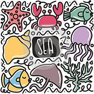 hand drawn biota sea doodle set
